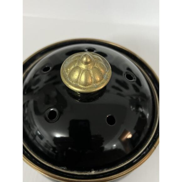 Vintage 5.5" Potpourri Pot Brass and Enamel Black with Vented Lid Brass Handles - Picture 3 of 11